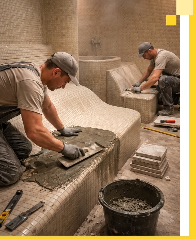 Лежаки для хамама под ключ в Туле, проект и монтаж